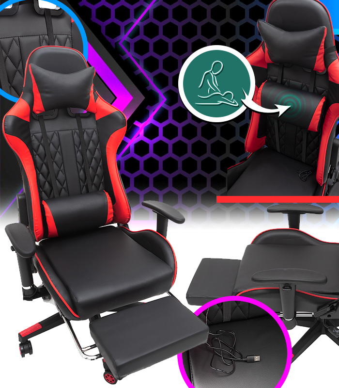 Scaun de gaming, cu funcție de masaj și suport pentru picioare - roșu