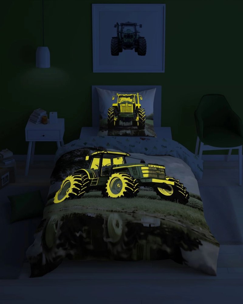 Lenjerie de pat pentru copii 100% bumbac - Tractor - strălucește în întuneric Latime: 140 cm | Lungime: 200 cm