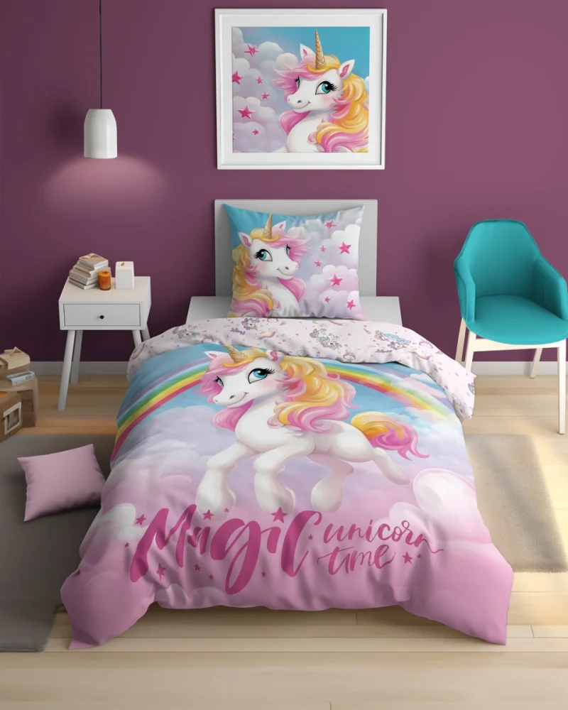 Lenjerie de pat din bumbac care strălucește în întuneric - motiv unicorn 2 piese: 1 buc 140x200 + 1 buc 70x80