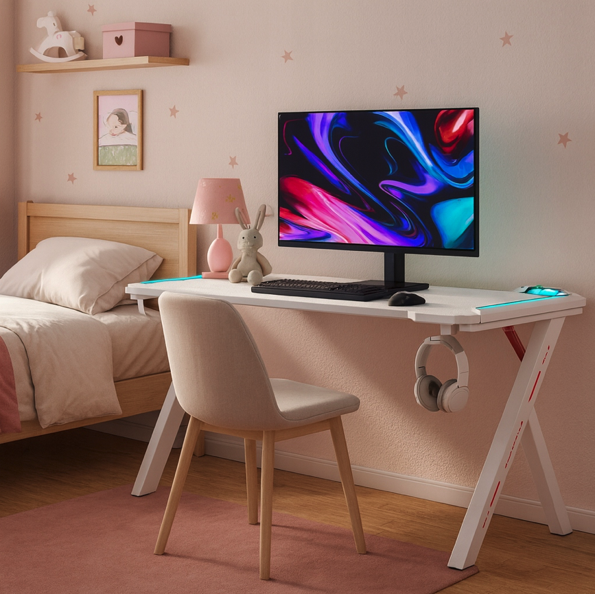 GamingovýstôlsRGBLEDpodsvietenímbielyŠírka:60cm|Dĺžka:120cm