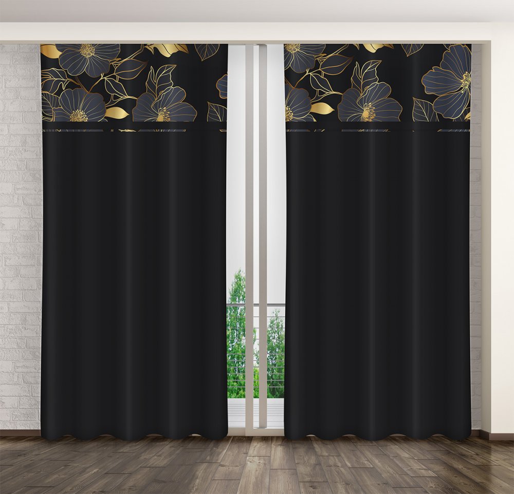 Klasický černý závěs s potiskem zlatých květů Šířka: 160 cm | Délka: 250 cm