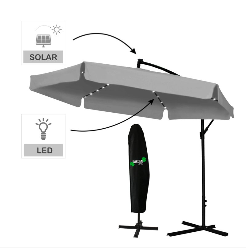 Šedý zahradní slunečník se stojanem a LED osvětlením