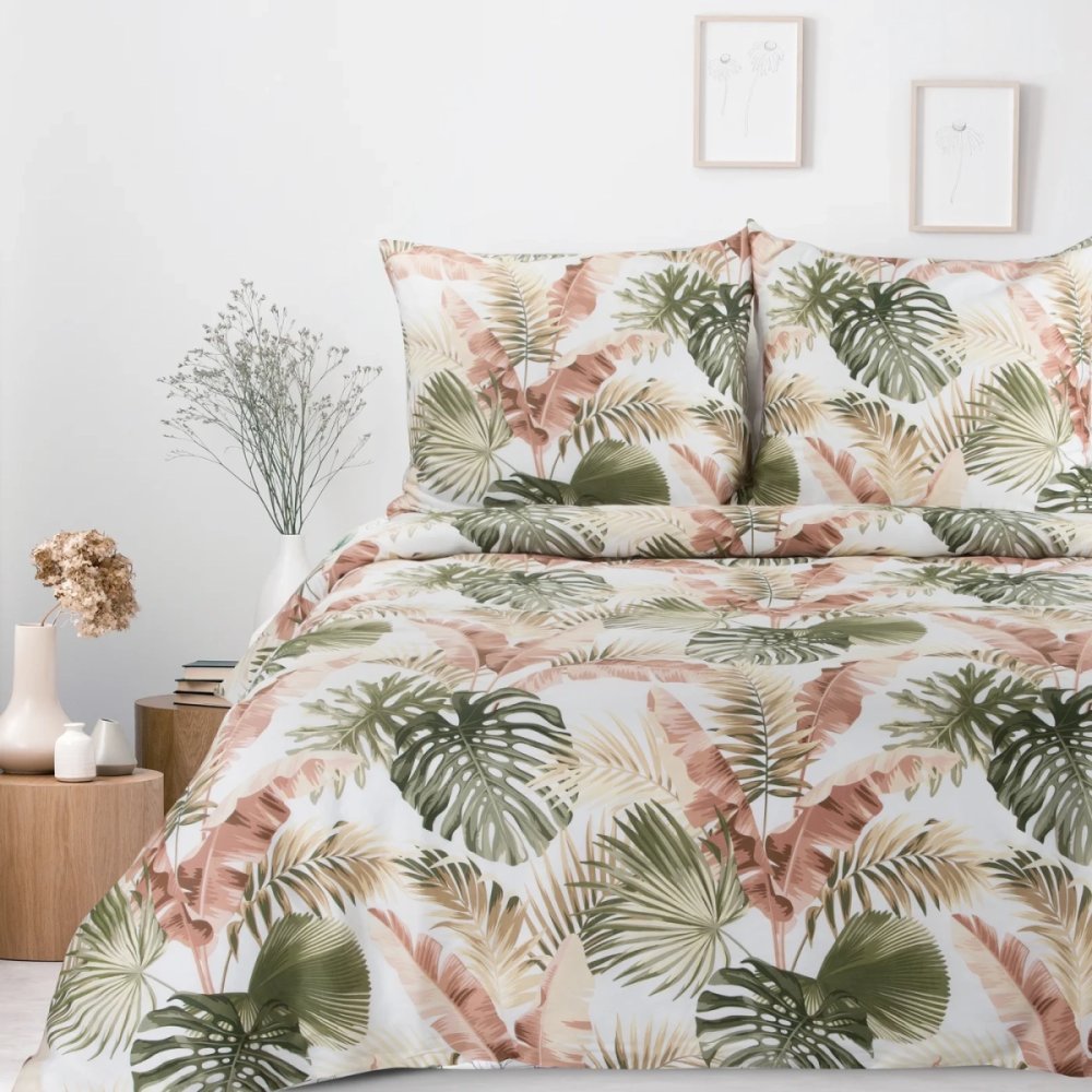 Cearșafuri din bumbac sateen - alb cu frunze tropicale 2 părți: 1 buc 140x200 + 1 buc 70x80
