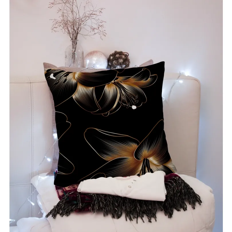 Față de pernă decorativă în negru cu un model delicat de flori Latime: 40 cm | Lungime: 40 cm