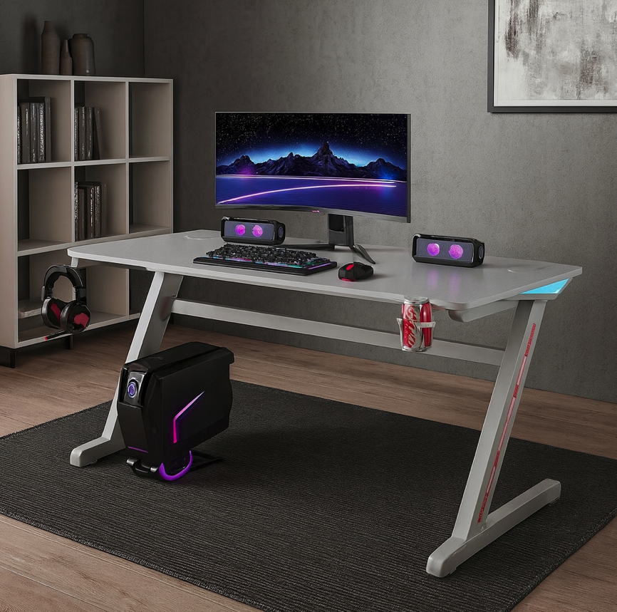 GamingovýstôlsRGBLEDpodsvietenímbielyŠírka:60cm|Dĺžka:120cm